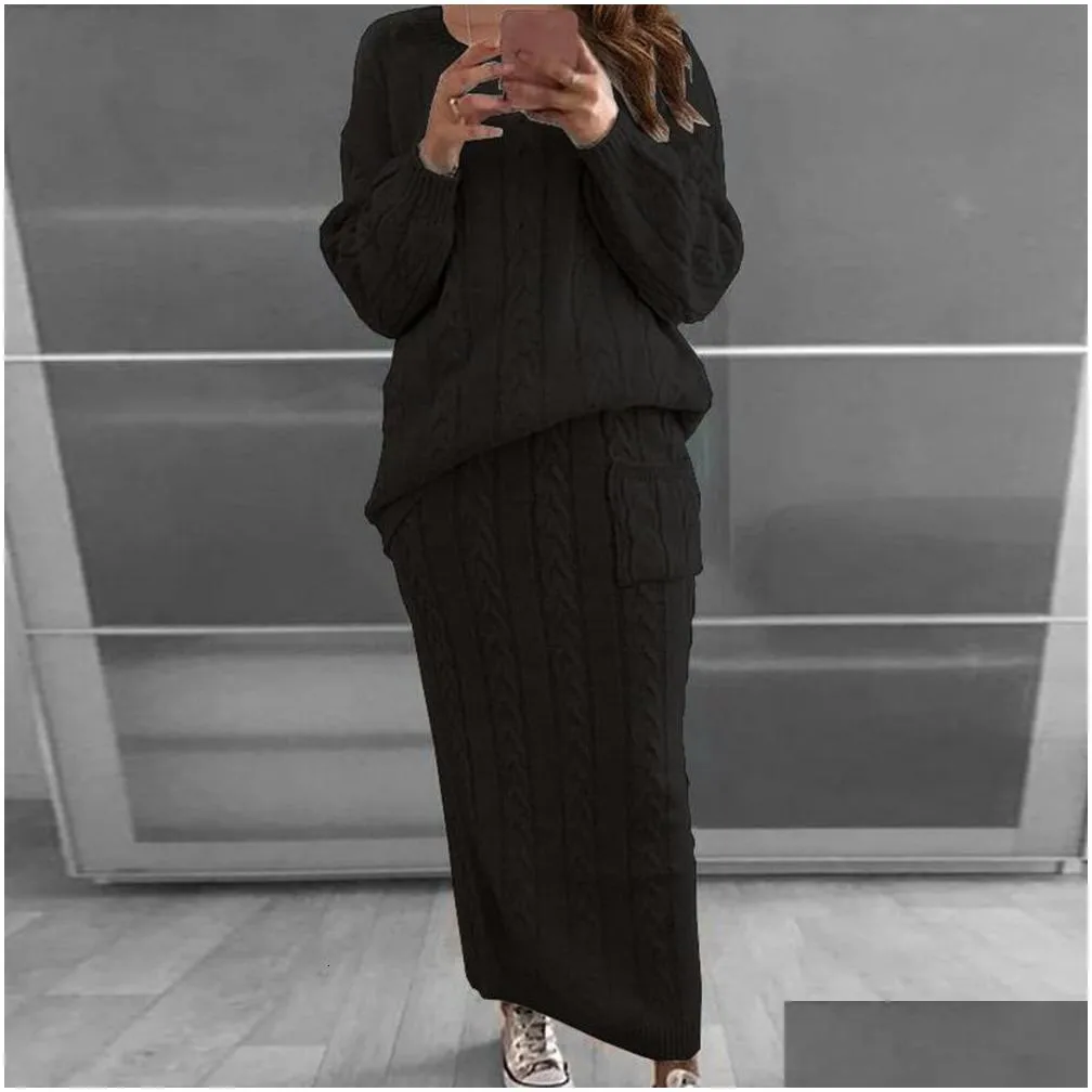 Two Piece Dress Shujin Autumn Winter Set Women Long Sleeve Jumpers Sweater Skirt Warm Knitted Outfit Top And Pants S 221207 Drop Deli Dh0O9