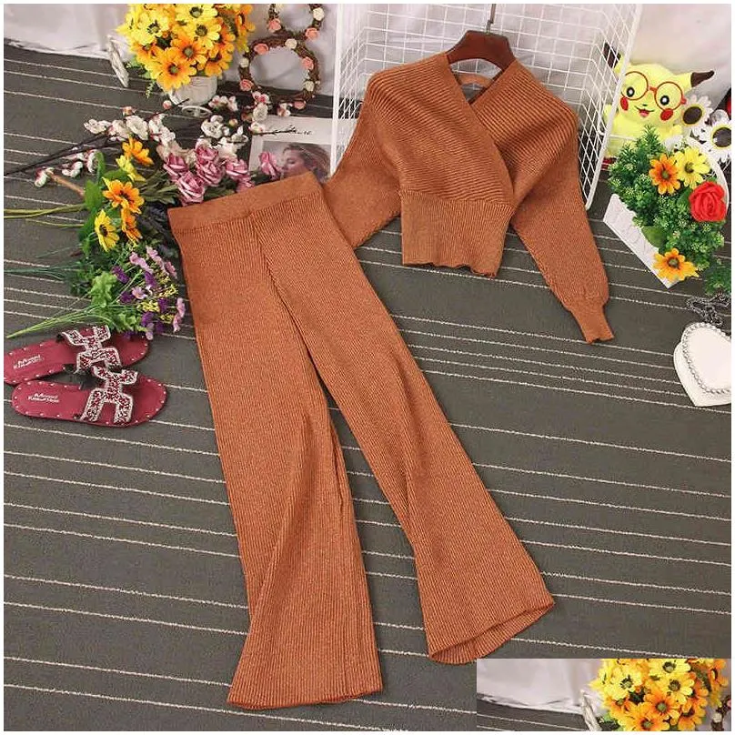 Women`S Two Piece Pants Elgant Fashion Women Shining Knitted Two Pieces Set Autumn Winter V Neck Bat Sleeve Sweater Top Elastic Wide Dh6Jl