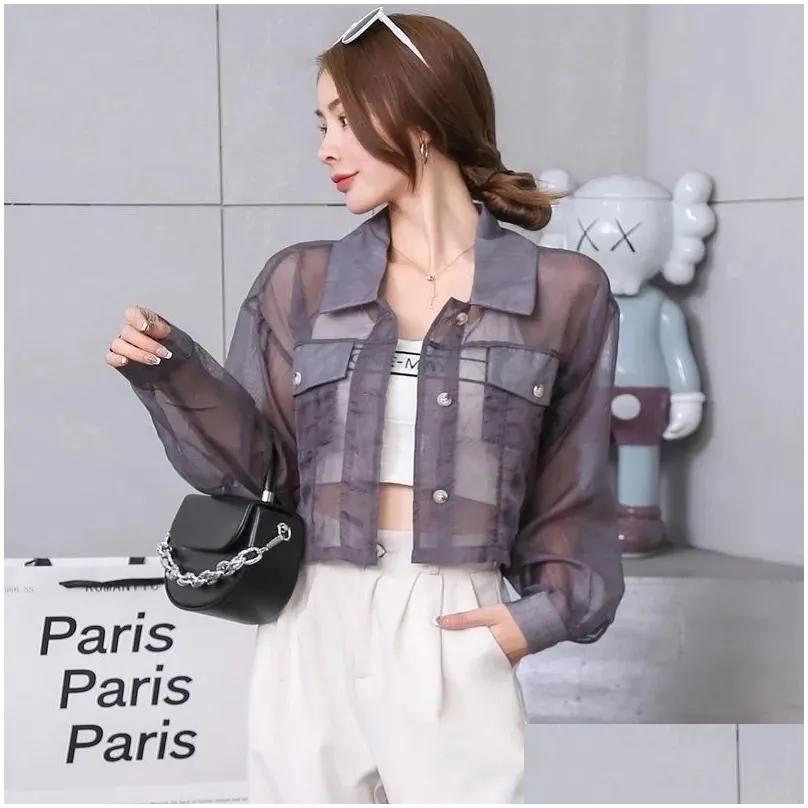 Women`S Blouses & Shirts Womens Summer Long Sleeve Blouse Turn Down Collar Organza Perspective High Waist Short Shirt Mlxlxxl Drop De Dhwha