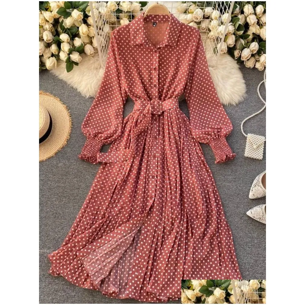 Basic & Casual Dresses Spring And Summer French Vintage Maxi Dress Sundress Ladies Long Sleeve Orange Polka Dot Chiffon Pleated Dress Dhk9X