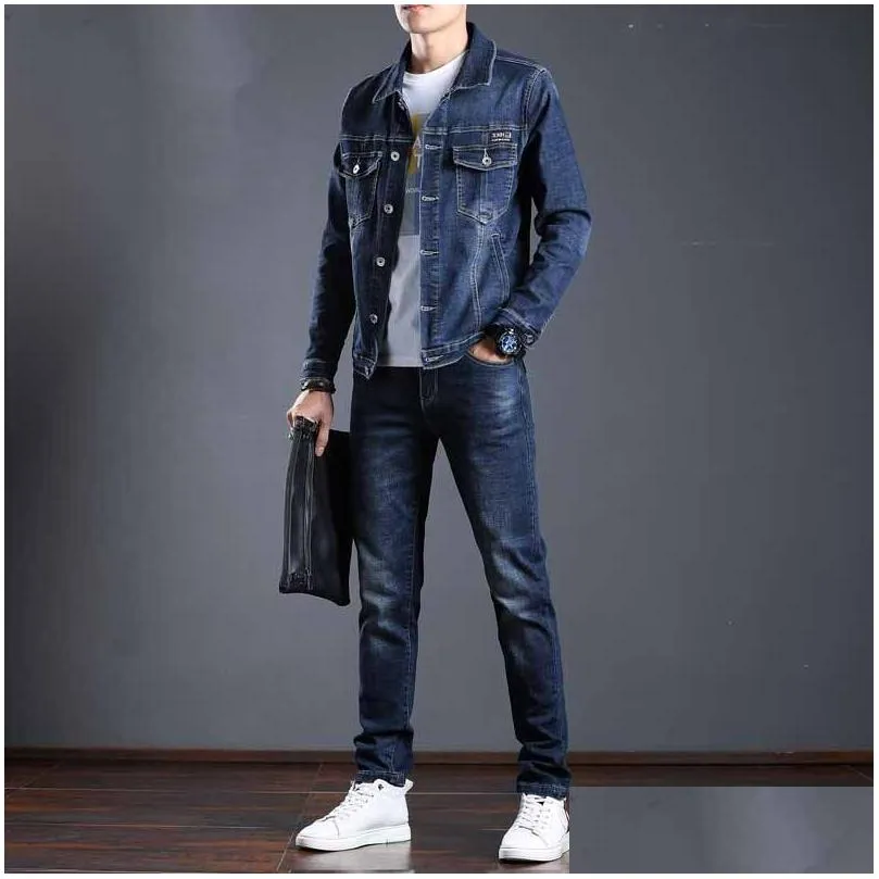 Men`S Tracksuits Smart Business Tracksuits Simple Blue Men Two-Piece Sets Spring Autumn Denim Jacket And Jeans Fashion Slim Trendy St Dhheb