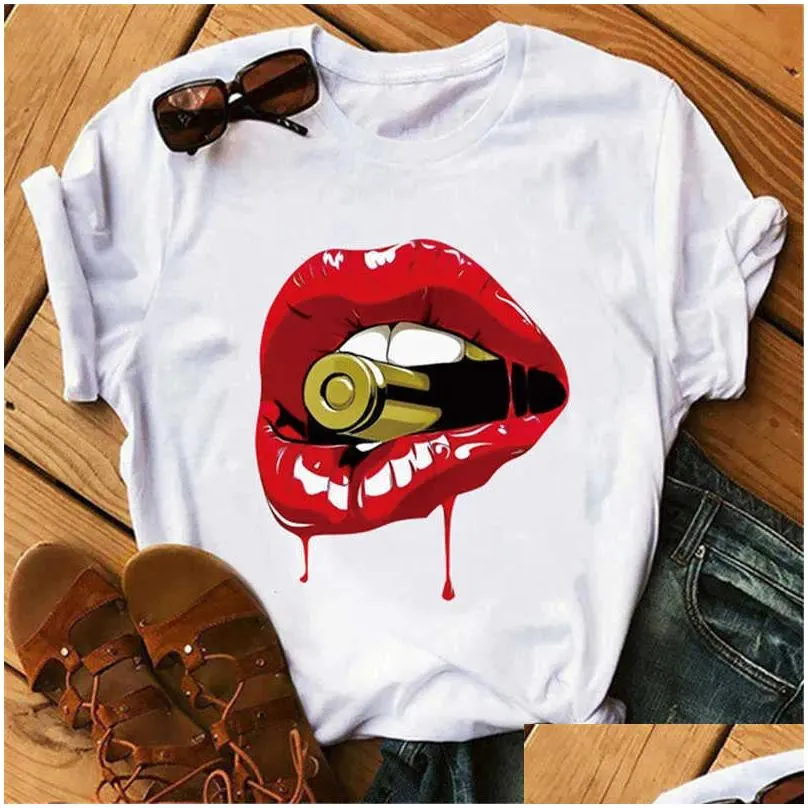 Women`S T-Shirt Plus Size 3Xl 4Xl Women Tops Fashion T-Shirt Short Sleeve Loose Lips Print Clothing 19 Drop Delivery Apparel Women`S C Dhjfb