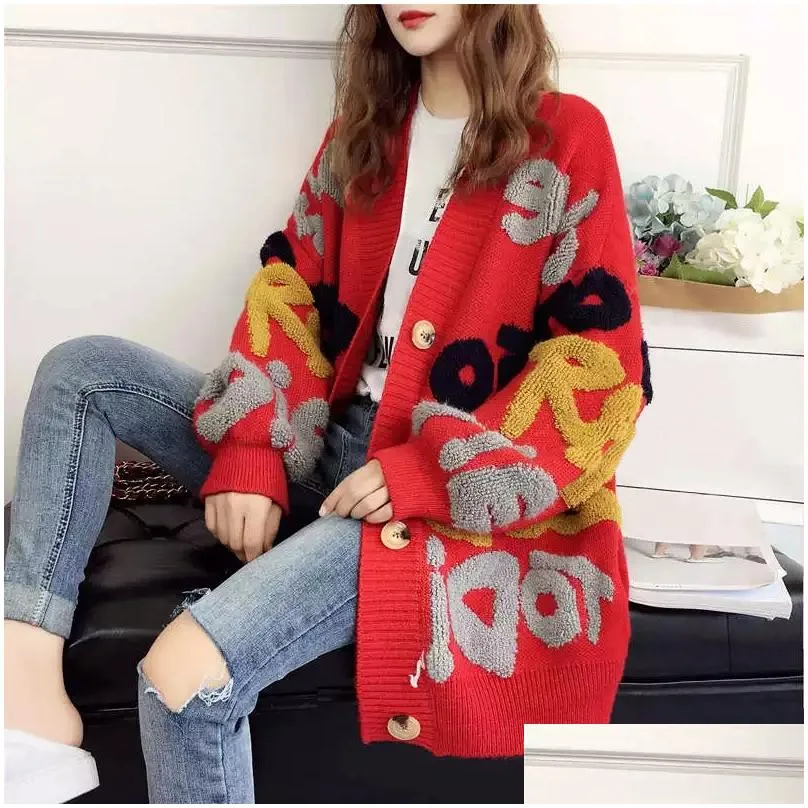 Women`S Sweaters Women Cardigan Letter Pattern Knitted Sweater Korean Street Style Loose Ladies Jacket Spring And Autumn Drop Deliver Dhyot