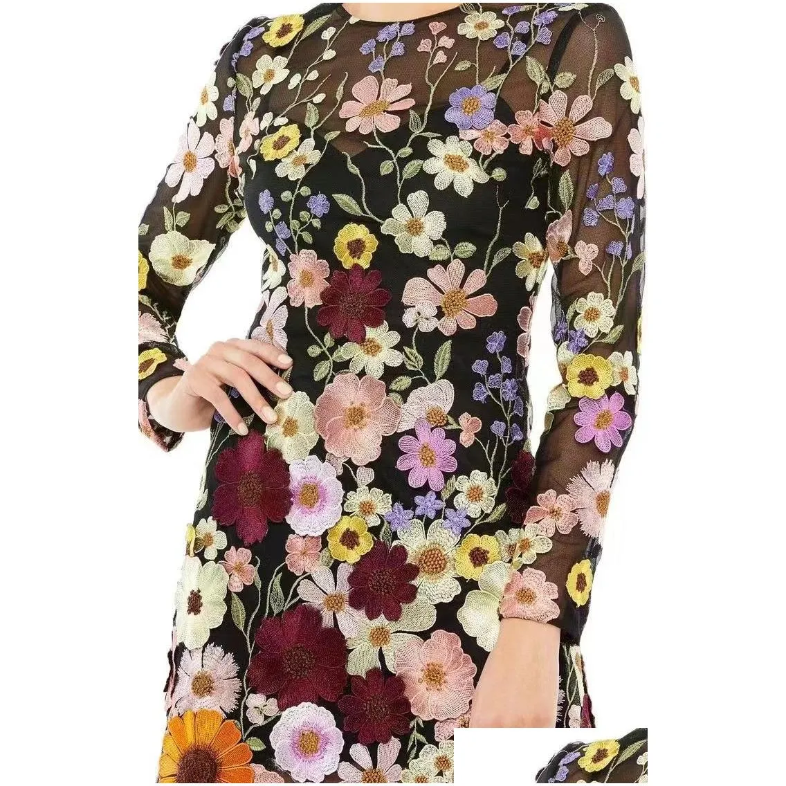 Work Dresses Floral Embroidery Elegant Luxury Women Mini Dress Half High Collar Long Sleeve Dresses 2023 Spring Evening Party Lady Ve Dh5Dw