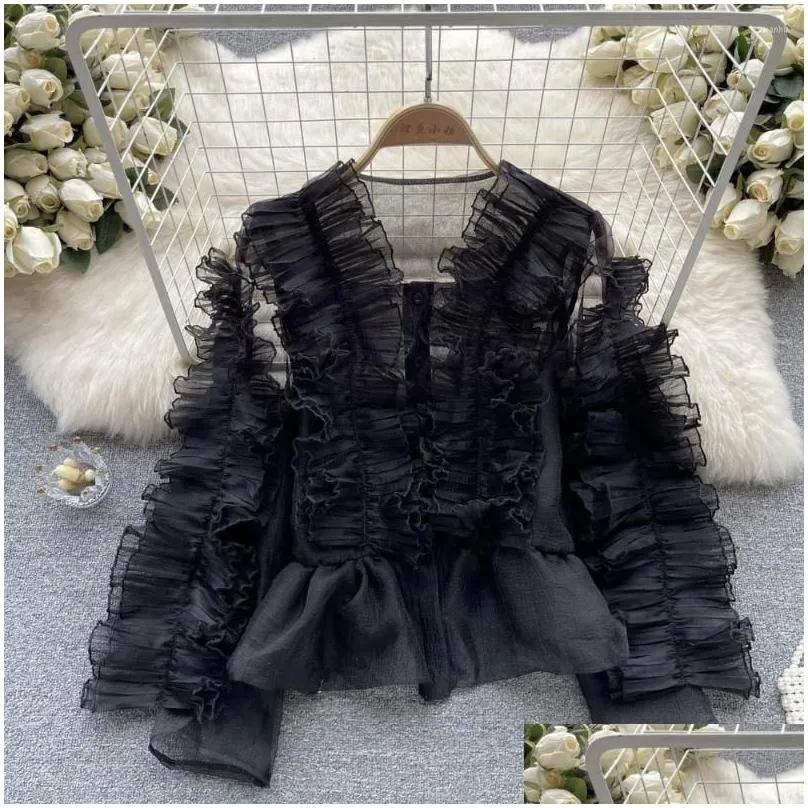 Women`S Blouses & Shirts Womens Blouses Blusas Feminino Chic V-Neck Sweet Ruffles Black White Organza Shirt Autumn Long Sleeve Single Dh1Ey