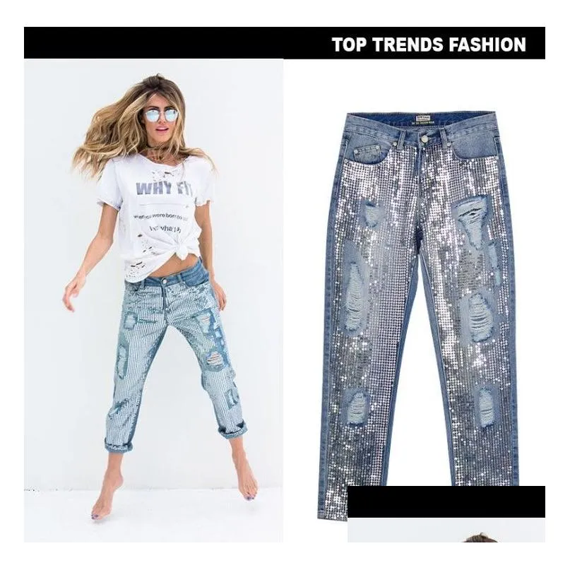 Women`S Jeans Winter Ladies Mom High Waist Vintage Jeans Woman Denim Sequins Boyfriend Female Ripped For Women Trousers Drop Delivery Dhpjx