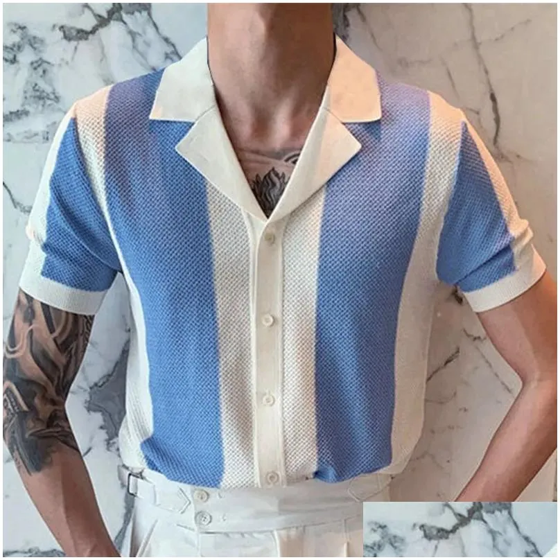Men`S T-Shirts Mens T-Shirts Summer Men Turn-Down Collar Shirt Work Buttons Ribbing Short Sleeve Breathable Knitted Streetwear For Mal Dhigu