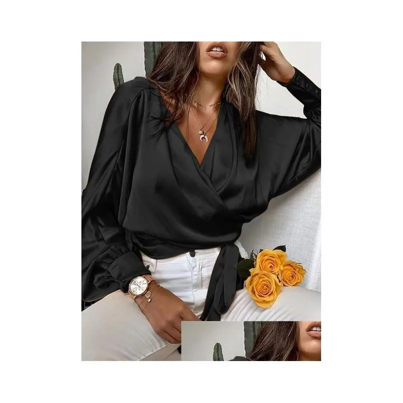 Women`S Blouses & Shirts Womens Blouses Shirts Celmia Women Satin Fashion Elegant Long Bat Sleeve Summer Cross V Neck Bandage Waisted Dhwif