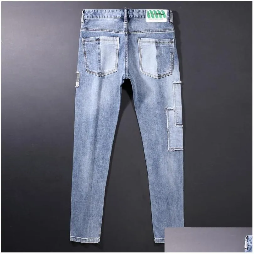Men`S Jeans Mens Jeans Street Style Fashion Men Retro Light Blue Elastic Slim Fit Ripped Es Designer Hip Hop Denim Pants Hombremens D Dhwmu
