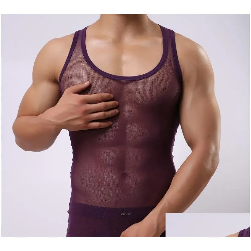 Men`S Tank Tops Mens Tank Tops Y Mesh Hole Net Transparent Underwear Undershirts Vest Just Top Drop Delivery Apparel Underwear Men`S Dhwbd