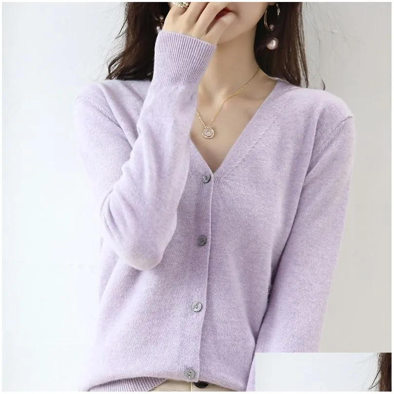 Women`S Sweaters Cashmere Women Cardigan V-Neck Sweater Spring Autumn Winter Female Long Sleeve Wool Knitted Solid Soft Drop Delivery Dhpld