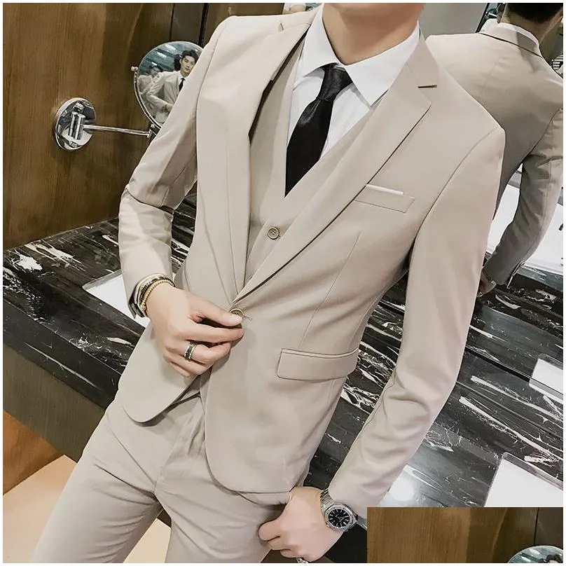 Men`S Suits & Blazers Jacket Pant Vest Men 3 Pieces Slim Fit Casual Tuxedo Suit / Male Suits Set Wedding Groom Dress Business Blazers Dhh47