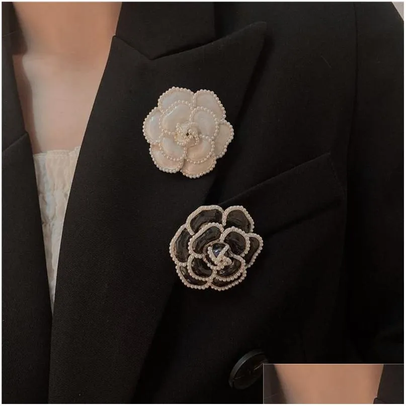 pins, brooches amorcome korea fashion pearls black white enamel camellia for women chic flower brooch pins jewelry coat accessories