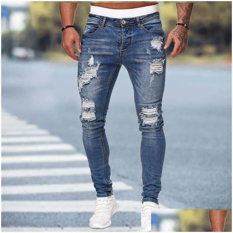 Men`S Jeans Black Skinny Jeans Men Ripped Male 2021 New Casual Hole Summer Street Hip Hop Slim Denim Pants Man Fashion Jogger Trouser Dhg2Z