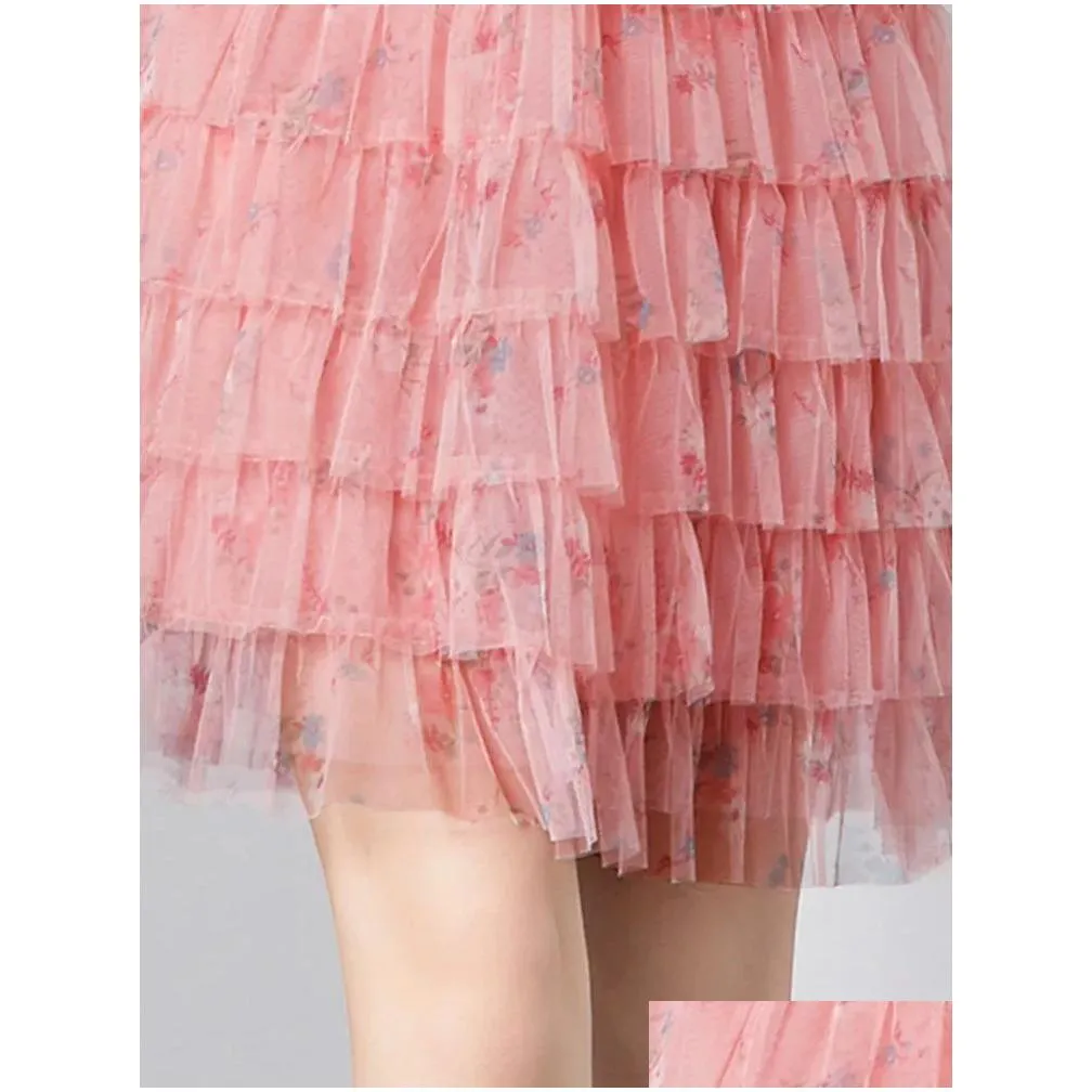 Basic & Casual Dresses Basic Casual Dresses A Line Sweet Pink Print Ruffle Elegant For Women Lapel Long Sleeve High Waist Dress Femal Dhxom