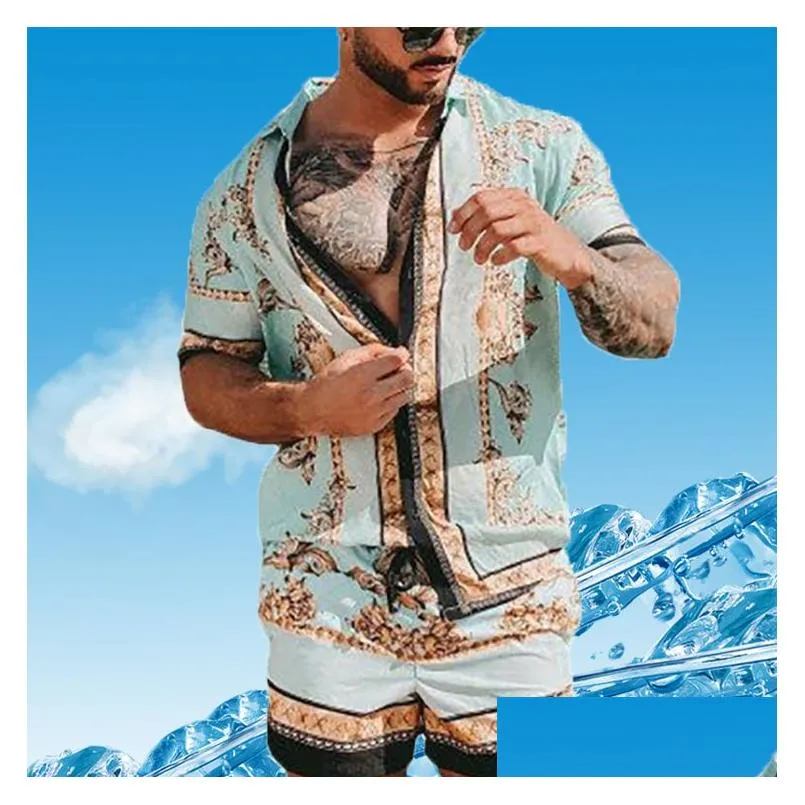 Men`S Tracksuits Summer Casual Loose Printing Tracksuits Two-Piece Shirts Beach Suit Breathable Comfortable Blouse And Shorts Set Dro Dhcln