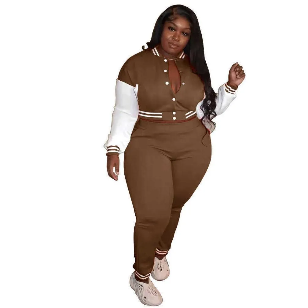 Women`S Plus Size Tracksuits Women Plus Size Tracksuit Spring Long Sleeve Baseball Suit Varsity Jacket Set Stripe Outfits For Woman S Dhy1O