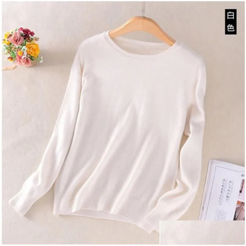 Women`S Sweaters Cashmere Wool Sweater Women Solid O-Neck Long Sleeve Knitted Jumpers Spring Autumn Tops Plover Drop Delivery Apparel Dhqp1