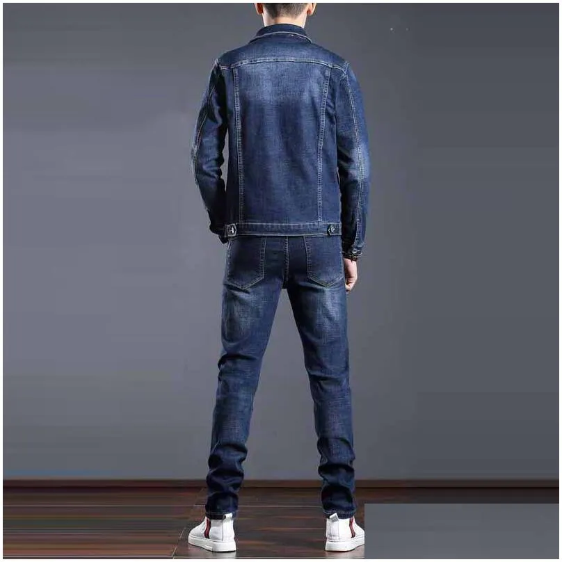 Men`S Tracksuits Smart Business Tracksuits Simple Blue Men Two-Piece Sets Spring Autumn Denim Jacket And Jeans Fashion Slim Trendy St Dhheb