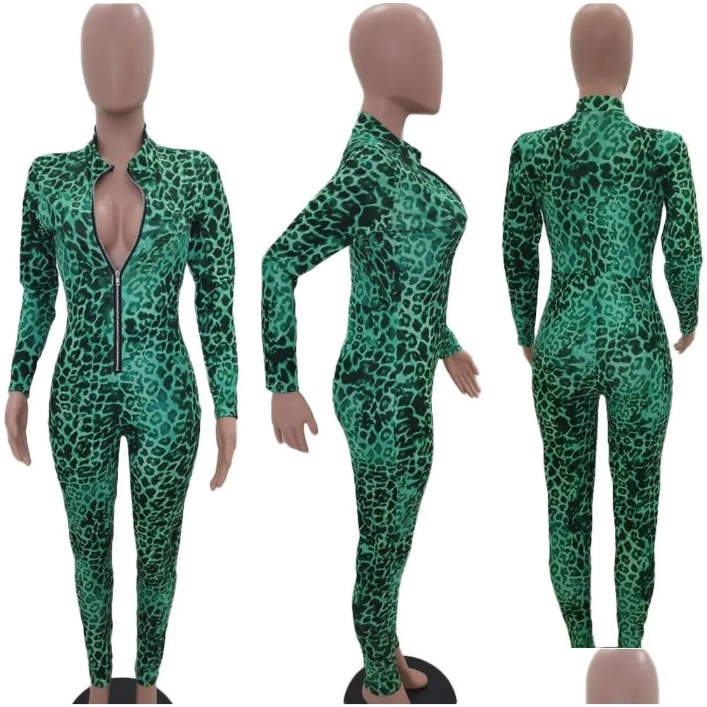 Women`S Jumpsuits & Rompers Haoyuan Leopard Bodycon Jumpsuits Fashion Clother One Piece Outfit Y Costumes Long Sleeve Body Overall Ro Dhclm