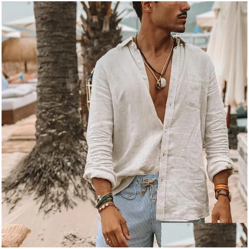 Men`S Casual Shirts Casual Cotton Linen Shirts Standing Collar Male Solid Color Long Sleeves Shirt Tops Summer Homme 220801 Drop Deli Dhy1F