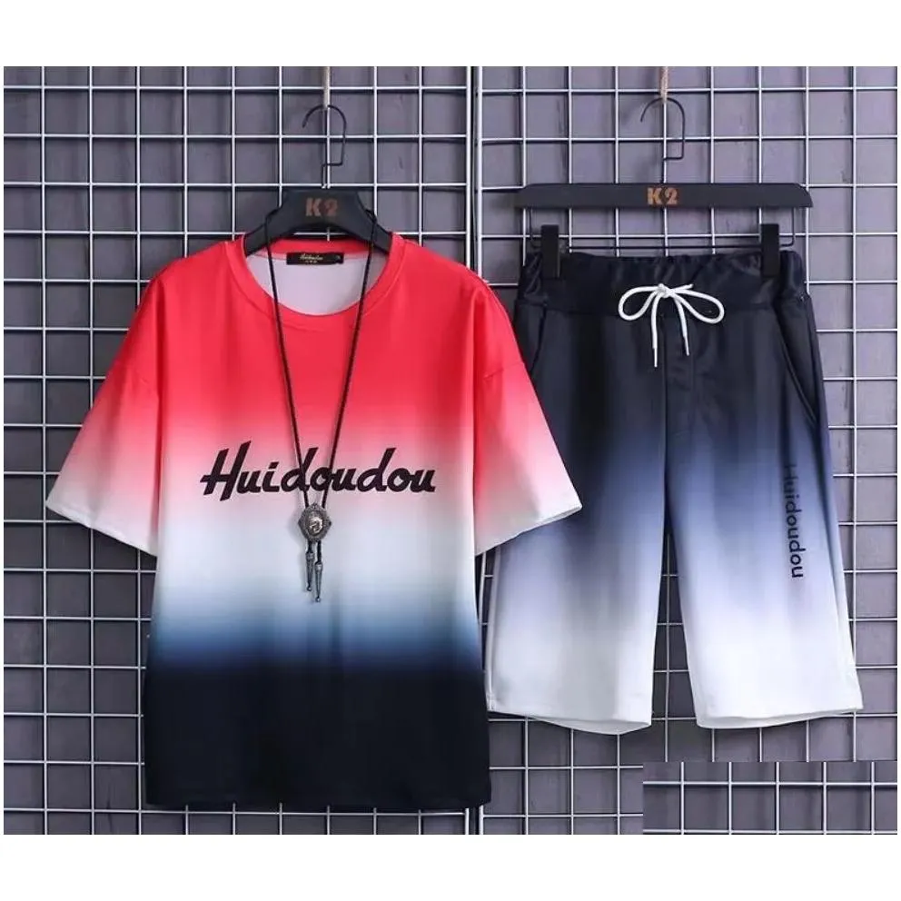 Men`S T-Shirts Tie Dye 4-Color Summer Suit Tra-Thin Mens Sports Ice Silk Quick Drying Short-Sleeved Shorts With Gradual Color Change M Dhtpt