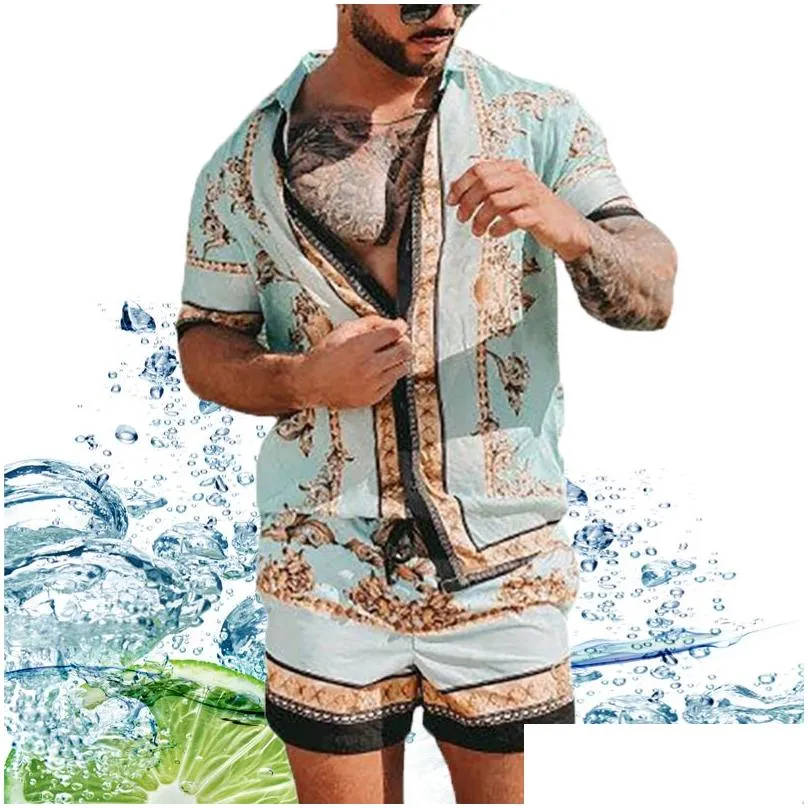 Men`S Tracksuits Summer Casual Loose Printing Tracksuits Two-Piece Shirts Beach Suit Breathable Comfortable Blouse And Shorts Set Dro Dhcln