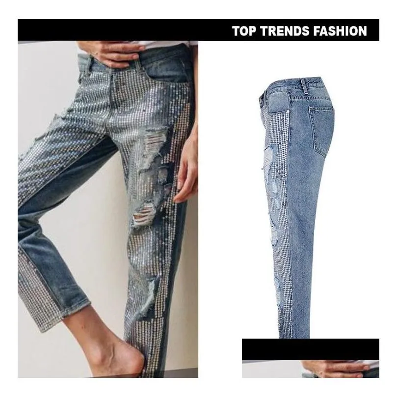 Women`S Jeans Winter Ladies Mom High Waist Vintage Jeans Woman Denim Sequins Boyfriend Female Ripped For Women Trousers Drop Delivery Dhpjx