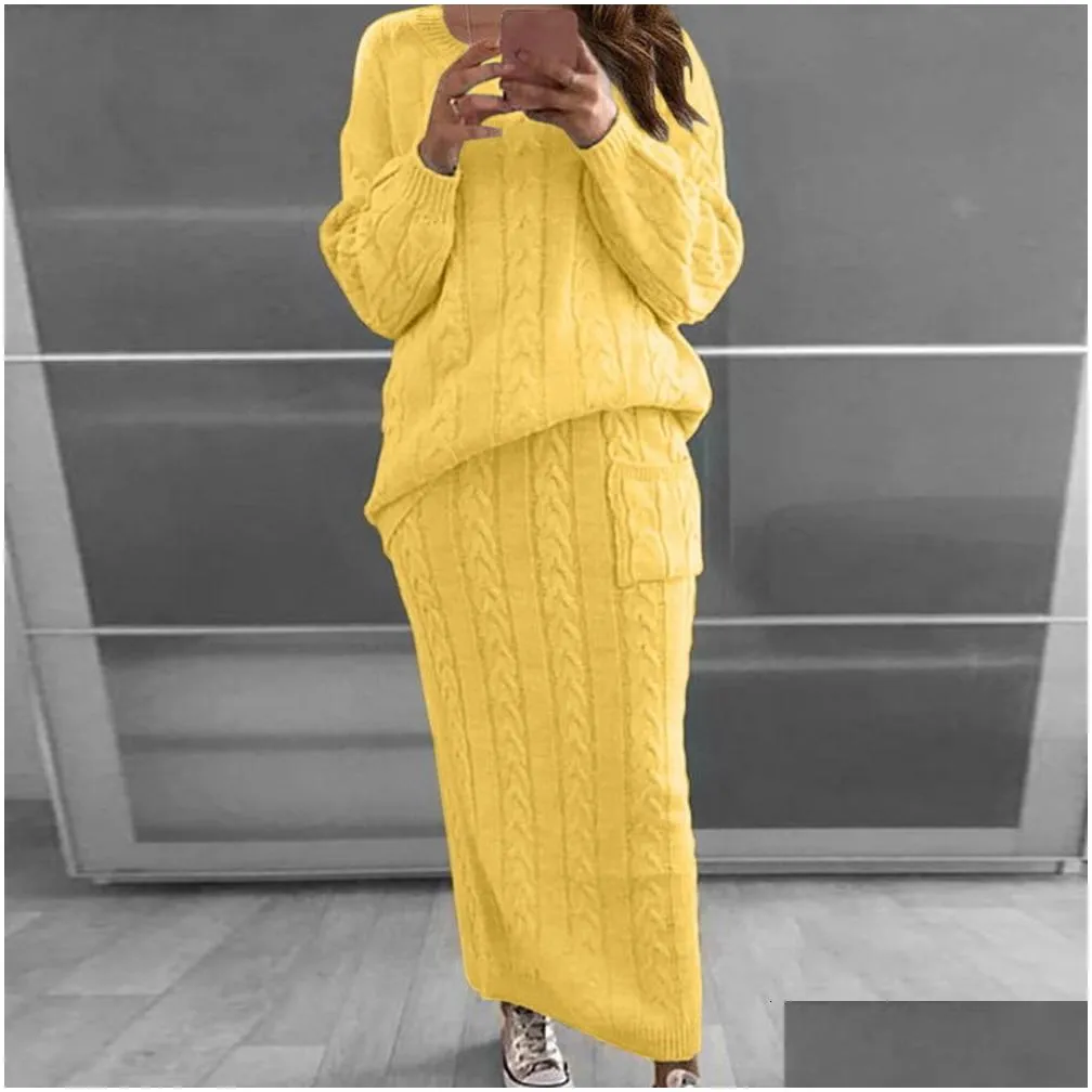 Two Piece Dress Shujin Autumn Winter Set Women Long Sleeve Jumpers Sweater Skirt Warm Knitted Outfit Top And Pants S 221207 Drop Deli Dh0O9