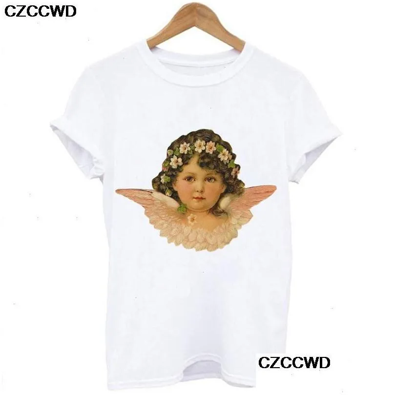 Women`S T-Shirt Cute Angel Baby Korean T Shirt T-Shirts Clothing Women Oversized Fiorucci Letter Print Fun Harajuku O-Neck Loose Tops Dhous