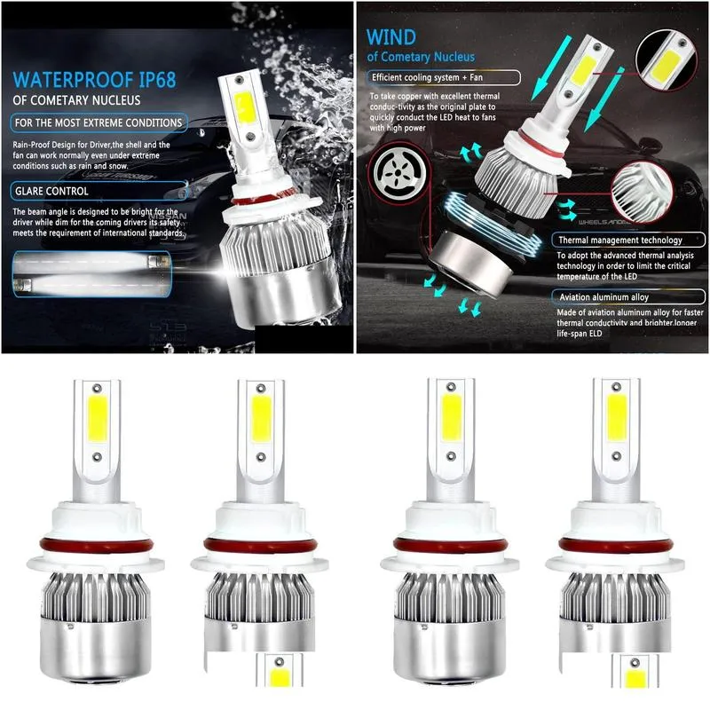 4-Side LED Headlight Bulbs – 9004/9005/9006/H4/H11/etc., 6000K Cold White, 2-Pack