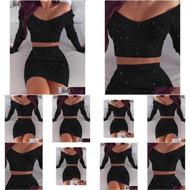 Two Piece Dress Spring Fashion Women Y Casual Set Suit Sets Bodycon Glitter Off Shoder Crop Top Skirt 221122 Drop Delivery Dhxwe