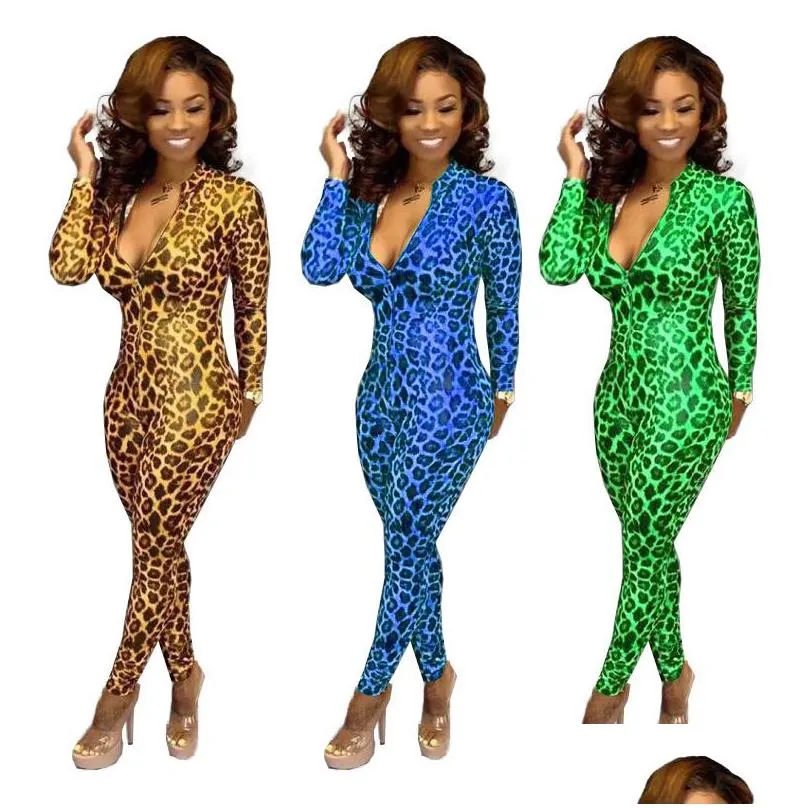 Women`S Jumpsuits & Rompers Haoyuan Leopard Bodycon Jumpsuits Fashion Clother One Piece Outfit Y Costumes Long Sleeve Body Overall Ro Dhclm