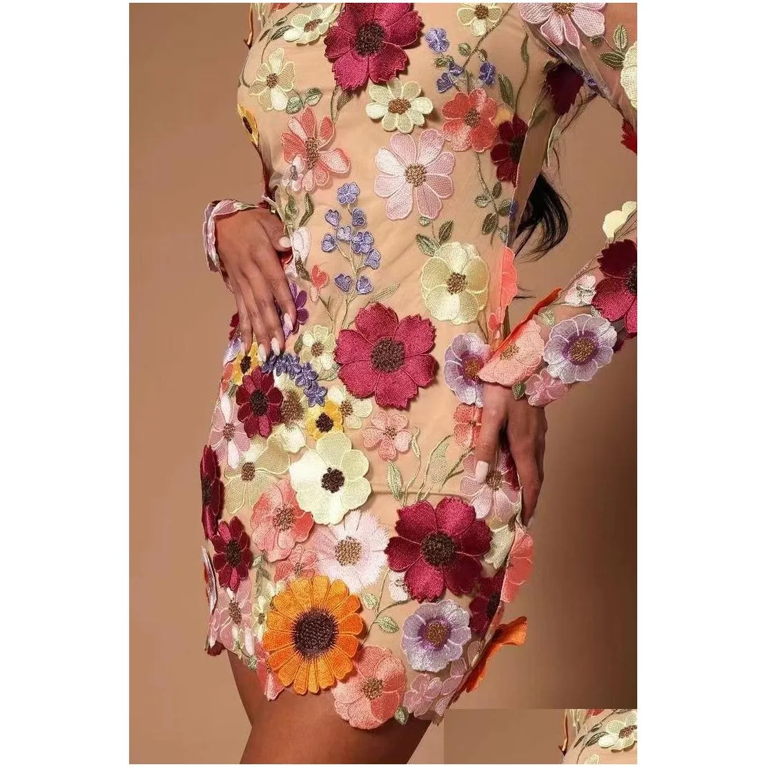 Work Dresses Floral Embroidery Elegant Luxury Women Mini Dress Half High Collar Long Sleeve Dresses 2023 Spring Evening Party Lady Ve Dh5Dw