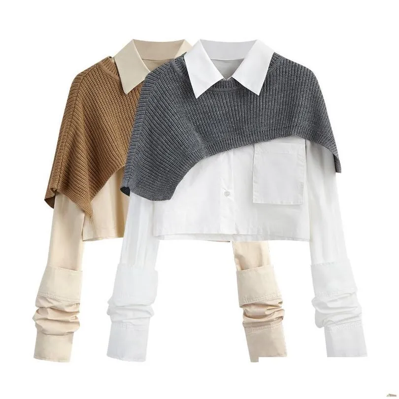 Women`S Blouses & Shirts Autumn Fashion Women Two Pieces Sets Long Sleeve Short Blouse Shirt Add Solid Knitted Plover Crop Shawl Swea Dhhj0