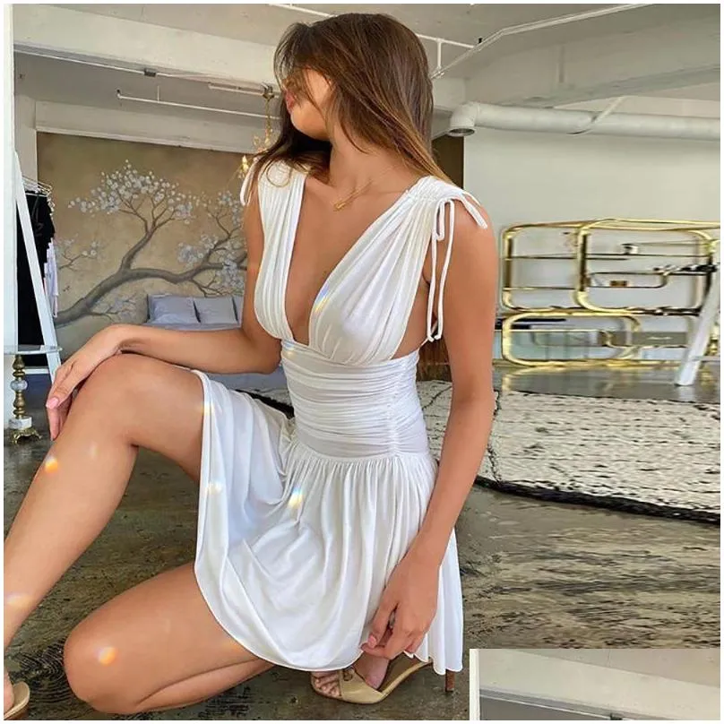 Basic & Casual Dresses Casual Dresses White Elegant Pleated Plunge Deep V-Neck Sleeveless Evening Club Party Christmas Women Mini Dre Dhgvi