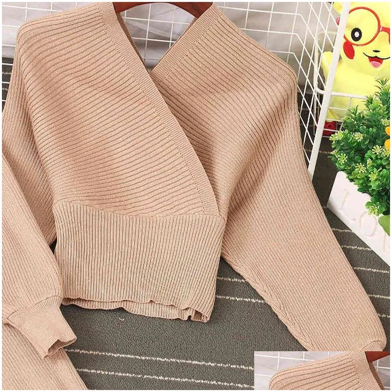 Women`S Two Piece Pants Elgant Fashion Women Shining Knitted Two Pieces Set Autumn Winter V Neck Bat Sleeve Sweater Top Elastic Wide Dh6Jl