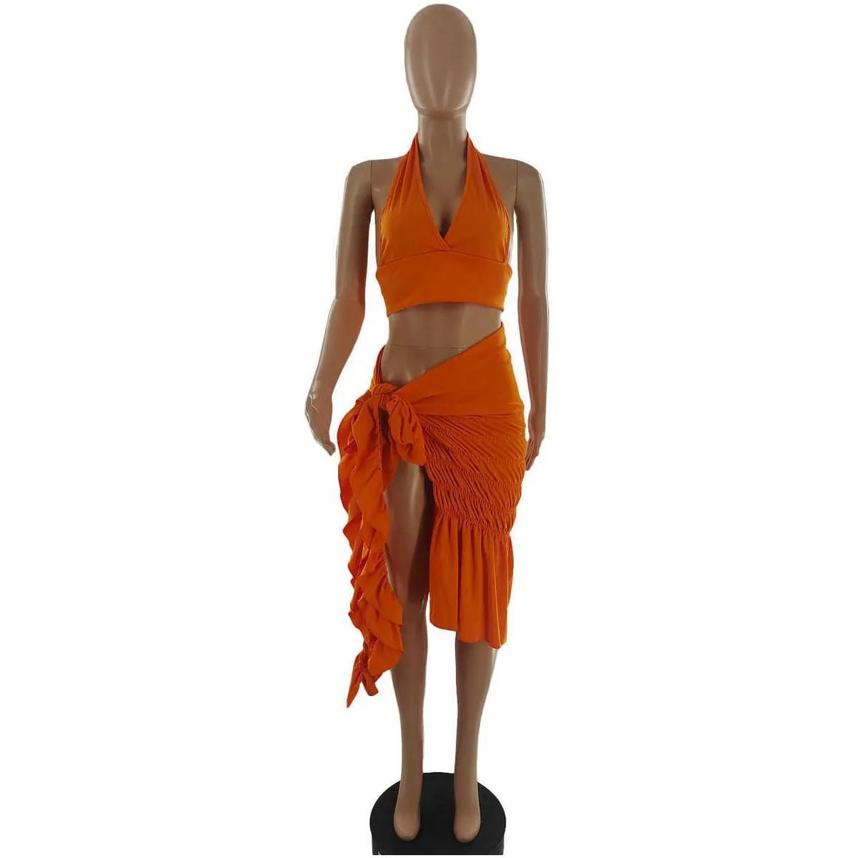 Two Piece Dress Cmyaya Women Beach Y Tie Up Waist Ruffles Hem Midi Mermaid Skirt And Halter Vneck Crop Top Matching 2 Set Outfit Drop Dhvry