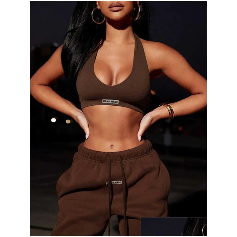 Two Piece Dress Sporty Set Girl Halter Crop Tops Dstring Sweatpants Slim Activewear Casual Gym Workout Fitness Womens Outfits Drop De Dhaye