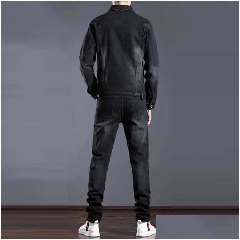 Men`S Tracksuits Smart Business Tracksuits Simple Blue Men Two-Piece Sets Spring Autumn Denim Jacket And Jeans Fashion Slim Trendy St Dhheb