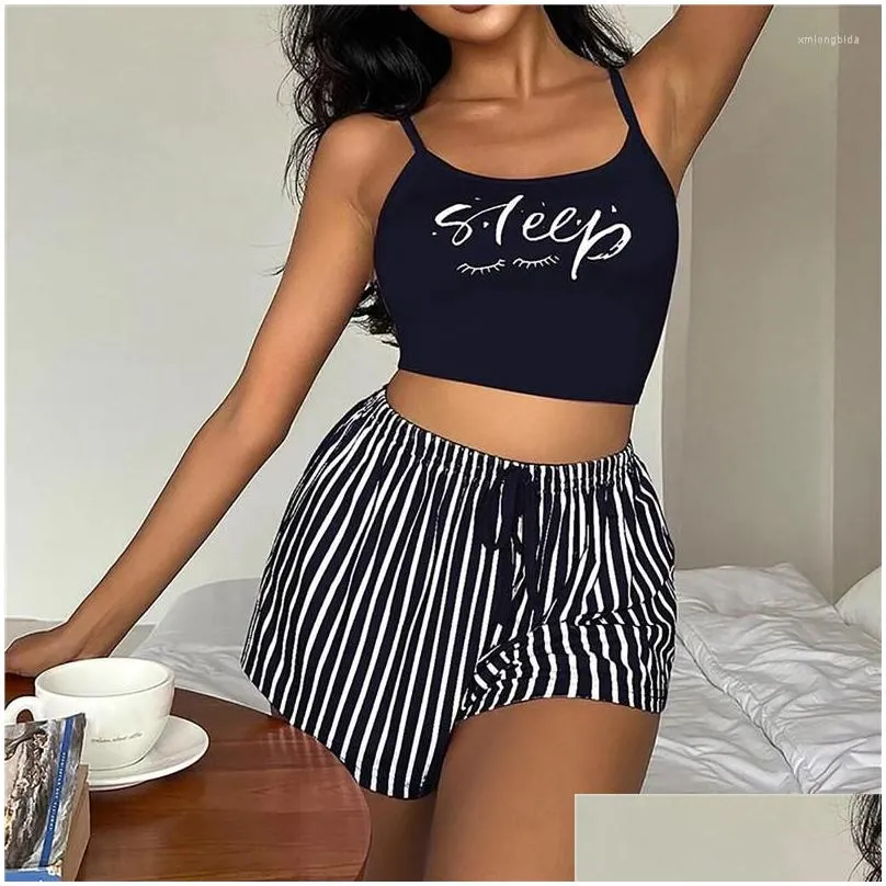 Women`S Sleepwear Womens Sleepwear 2Pcs Pajamas Set Sling Top Shorts Suit Summer Letter Print Pijama Y Lingerie Camisoles Tanks Night Dhptd