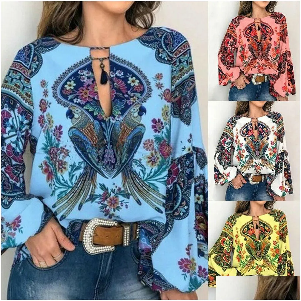 Women`S Blouses & Shirts Blouse For Women Work Casual Floral V-Neck Long Lantern Sleeve Oversize T Shirt Tops S To 3Xl Blouses Plus S Dhvef