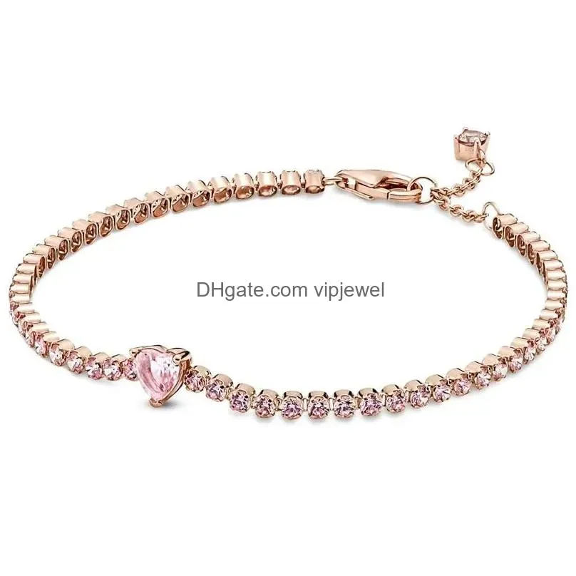 bangles original rose sparkling clear pink blue heart tennis bracelet fit fashion bangle 925 sterling silver bead charm jewelry