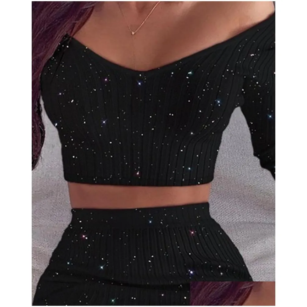 Two Piece Dress Spring Fashion Women Y Casual Set Suit Sets Bodycon Glitter Off Shoder Crop Top Skirt 221122 Drop Delivery Dhxwe