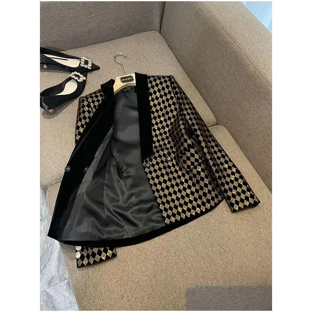 Women`S Suits & Blazers 2023 Autumn Black Contrast Color Rhomboid Drilling Panelled Blazers Long Sleeve Lapel Neck Double-Breasted Ou Dhuyd