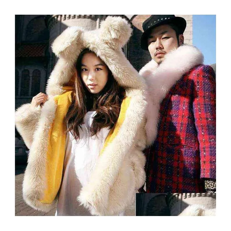 Women`S Fur & Faux Fur Selling Creative Fur Womens Coat Hooded Bear With Ears Cute Girl Little  Imitation Rabbit 211213 Drop Deli Dhyjo