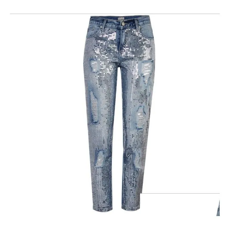 Women`S Jeans Winter Ladies Mom High Waist Vintage Jeans Woman Denim Sequins Boyfriend Female Ripped For Women Trousers Drop Delivery Dhpjx