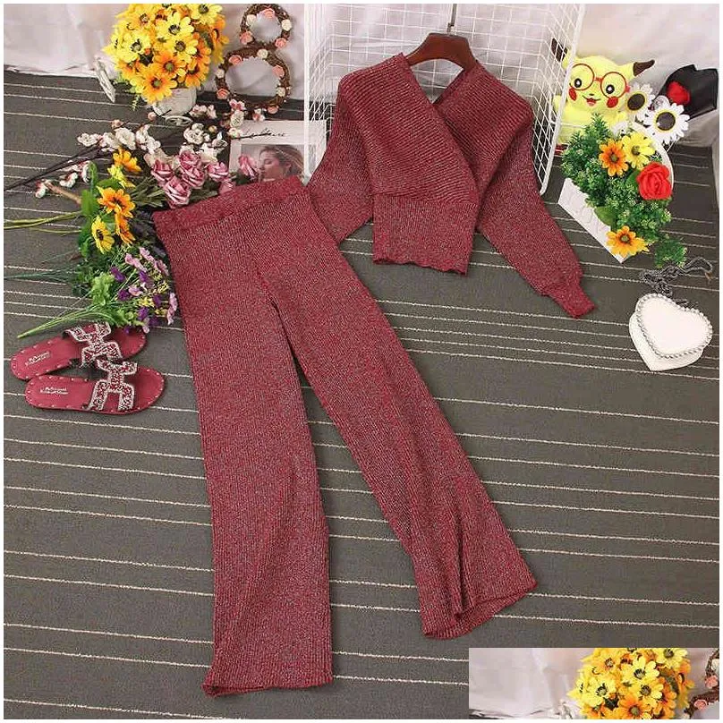 Women`S Two Piece Pants Elgant Fashion Women Shining Knitted Two Pieces Set Autumn Winter V Neck Bat Sleeve Sweater Top Elastic Wide Dh6Jl