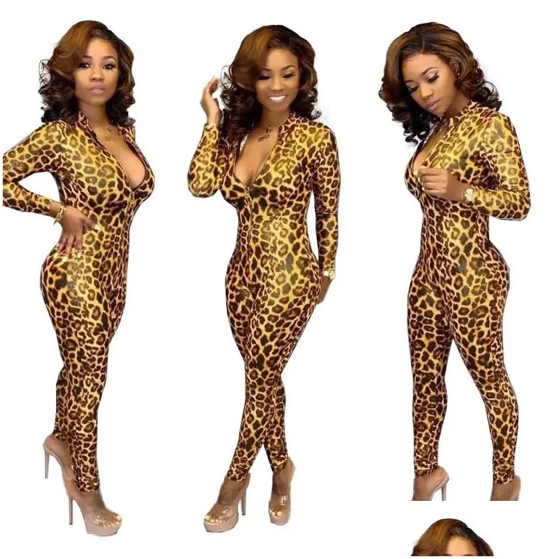 Women`S Jumpsuits & Rompers Haoyuan Leopard Bodycon Jumpsuits Fashion Clother One Piece Outfit Y Costumes Long Sleeve Body Overall Ro Dhclm