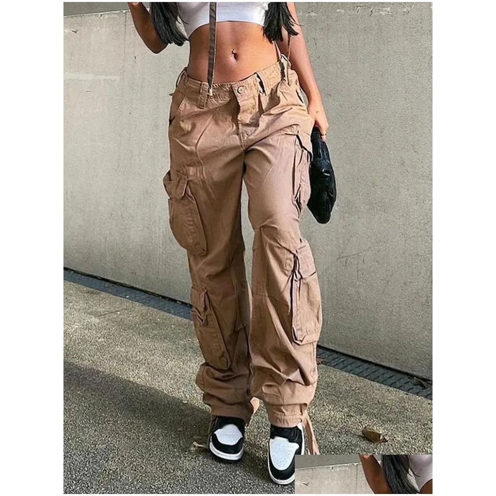 Women`S Pants & Capris Cargo Pants Women High Waist Denim Overalls Casual Baggy Vintage Y2K Streetwear Wide Leg Trousers Fashion Stra Dhjsu